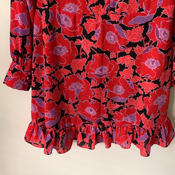 WHO WHAT WEAR purple red black floral ruffle hem dress SZ XS covered buttons - Picture 13 of 14